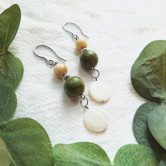 Elegant Jade & Mother of Pearl Earrings, Coastal-Inspired Boho Earrings, Formal - Picture 6 of 7